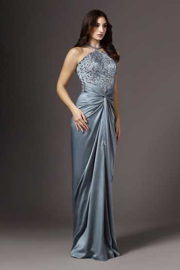 Pooja Peshoria_Grey Polyester Embroidery, Beads, Crystals Halter Neck Hand Bodice Gown _at_Aza_Fashions