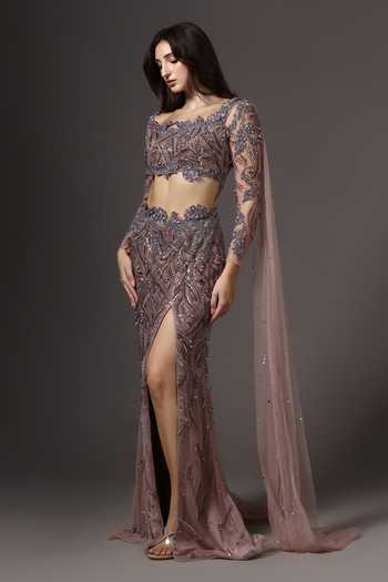 Pooja Peshoria_Mauve Satin, Net Embroidery, Sequins, Pearls, Stones, Front Cut-out Gown _Online_at_Aza_Fashions