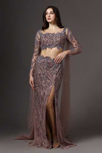 Pooja Peshoria Crystal Embroidered Front Cut-Out Gown 