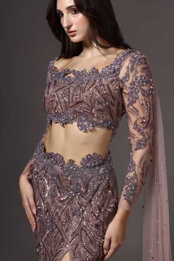 Buy_Pooja Peshoria_Mauve Satin, Net Embroidery, Sequins, Pearls, Stones, Front Cut-out Gown _Online_at_Aza_Fashions