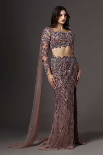 Shop_Pooja Peshoria_Mauve Satin, Net Embroidery, Sequins, Pearls, Stones, Front Cut-out Gown _Online_at_Aza_Fashions