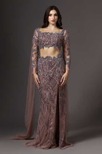 Pooja Peshoria_Mauve Satin, Net Embroidery, Sequins, Pearls, Stones, Front Cut-out Gown _at_Aza_Fashions