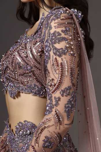 Buy_Pooja Peshoria_Mauve Satin, Net Embroidery, Sequins, Pearls, Stones, Front Cut-out Gown 