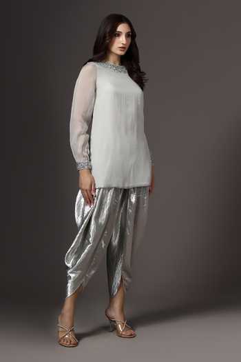Shop_Pooja Peshoria_Green Organza, Shantoon, Satin Round Neck, Yes Placed Hand Embroidered Kurta Set _Online_at_Aza_Fashions