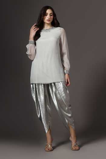 Shop_Pooja Peshoria_Green Organza, Shantoon, Satin Round Neck, Yes Placed Hand Embroidered Kurta Set 