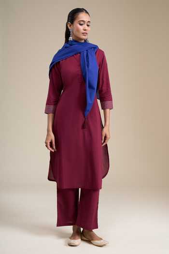 Shop Khwaab By Sanjana Lakhani Maroon Cotton Mandarin Collar, Yes Straight Kurta Set Online at Aza Fashions Shop_Khwaab By Sanjana Lakhani_Maroon Cotton Mandarin Collar, Yes Straight Kurta Set _Online_at_Aza_Fashions