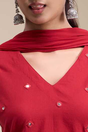 Khwaab By Sanjana Lakhani Red Cotton V-neck, Yes Embellished Kurta Sharara Set Online at Aza Fashions Khwaab By Sanjana Lakhani_Red Cotton V-neck, Yes Embellished Kurta Sharara Set _Online_at_Aza_Fashions