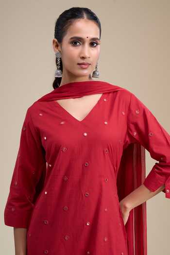 Buy Khwaab By Sanjana Lakhani Red Cotton V-neck, Yes Embellished Kurta Sharara Set Online at Aza Fashions Buy_Khwaab By Sanjana Lakhani_Red Cotton V-neck, Yes Embellished Kurta Sharara Set _Online_at_Aza_Fashions