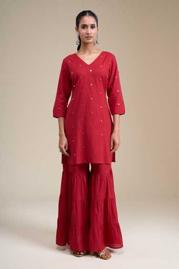 Khwaab By Sanjana Lakhani Red Cotton V-neck, Yes Embellished Kurta Sharara Set at Aza Fashions Khwaab By Sanjana Lakhani_Red Cotton V-neck, Yes Embellished Kurta Sharara Set _at_Aza_Fashions