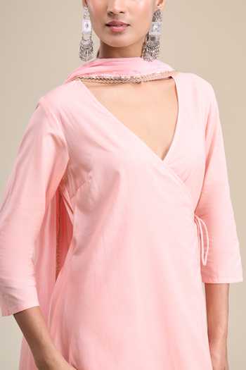 Khwaab By Sanjana Lakhani_Peach Cotton V-neck Side Tie-up Kurta Set _Online_at_Aza_Fashions