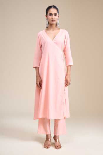 Shop_Khwaab By Sanjana Lakhani_Peach Cotton V-neck Side Tie-up Kurta Set _Online_at_Aza_Fashions