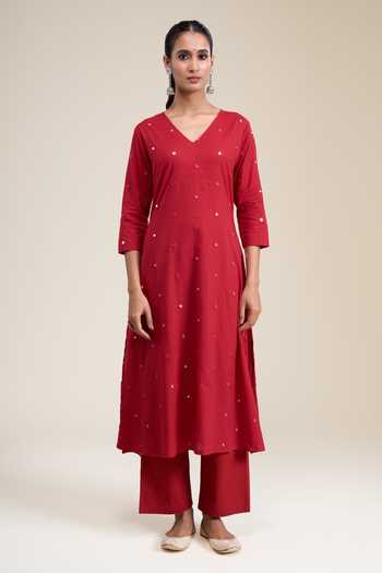 Shop_Khwaab By Sanjana Lakhani_Red Cotton V-neck, Yes Embellished Straight Kurta Set _Online_at_Aza_Fashions