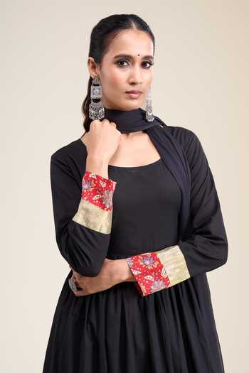 Khwaab By Sanjana Lakhani Black Cotton Scoop Neck Contrast Panel Anarkali Set at Aza Fashions Khwaab By Sanjana Lakhani_Black Cotton Scoop Neck Contrast Panel Anarkali Set _at_Aza_Fashions