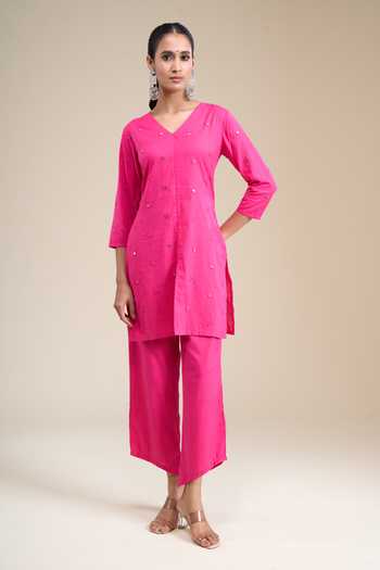 Shop_Khwaab By Sanjana Lakhani_Pink Cotton V-neck Embellished Kurta With Pant _Online_at_Aza_Fashions