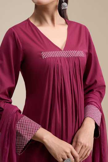 Khwaab By Sanjana Lakhani Wine Cotton V-neck Pleated Front Kurta Set Online at Aza Fashions Khwaab By Sanjana Lakhani_Wine Cotton V-neck Pleated Front Kurta Set _Online_at_Aza_Fashions