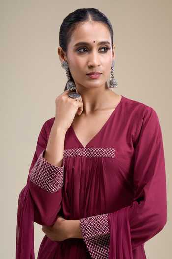 Shop Khwaab By Sanjana Lakhani Wine Cotton V-neck Pleated Front Kurta Set Online at Aza Fashions Shop_Khwaab By Sanjana Lakhani_Wine Cotton V-neck Pleated Front Kurta Set _Online_at_Aza_Fashions