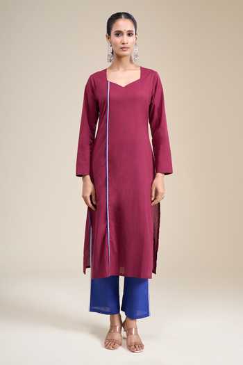 Khwaab By Sanjana Lakhani_Maroon Cotton Sweetheart Neck Straight Kurta And Contrast Pant Set _Online_at_Aza_Fashions