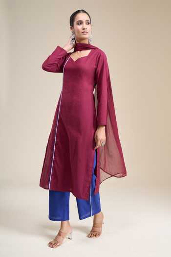Buy_Khwaab By Sanjana Lakhani_Maroon Cotton Sweetheart Neck Straight Kurta And Contrast Pant Set _Online_at_Aza_Fashions