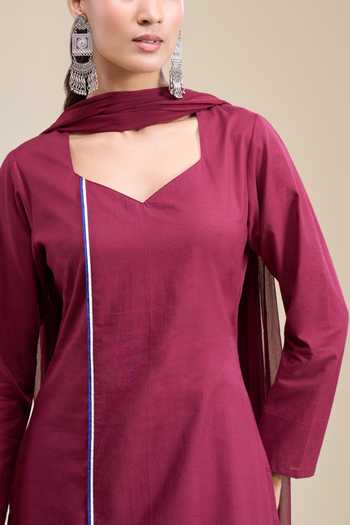 Buy_Khwaab By Sanjana Lakhani_Maroon Cotton Sweetheart Neck Straight Kurta And Contrast Pant Set 
