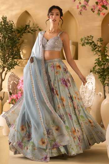 Lashkaraa Blue Organza, Georgette, Satin Sweetheart Neck Floral Print Flared Lehenga Set Online at Aza Fashions Lashkaraa_Blue Organza, Georgette, Satin Sweetheart Neck Floral Print Flared Lehenga Set _Online_at_Aza_Fashions