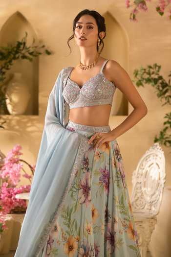 Buy Lashkaraa Blue Organza, Georgette, Satin Sweetheart Neck Floral Print Flared Lehenga Set Online at Aza Fashions Buy_Lashkaraa_Blue Organza, Georgette, Satin Sweetheart Neck Floral Print Flared Lehenga Set _Online_at_Aza_Fashions