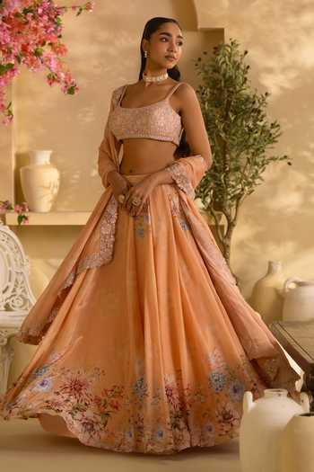 Lashkaraa_Gold Silk, Crepe, Chinon Scoop Neck Flared Floral Print Lehenga Set _Online_at_Aza_Fashions
