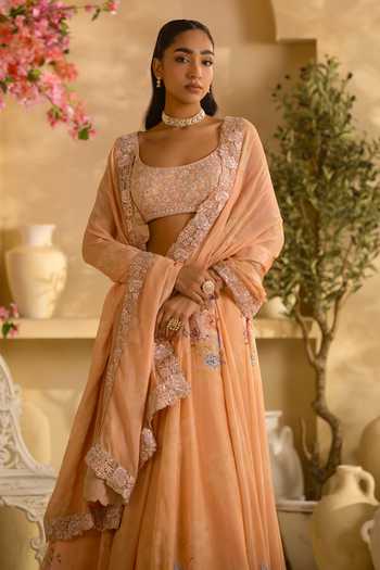 Buy_Lashkaraa_Gold Silk, Crepe, Chinon Scoop Neck Flared Floral Print Lehenga Set _Online_at_Aza_Fashions