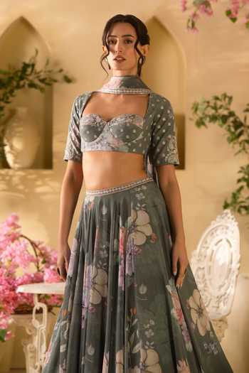 Lashkaraa Green Organza, Crepe Sweetheart Neck Floret Print Lehenga Set Online at Aza Fashions Lashkaraa_Green Organza, Crepe Sweetheart Neck Floret Print Lehenga Set _Online_at_Aza_Fashions