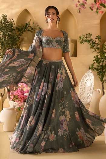 Buy Lashkaraa Green Organza, Crepe Sweetheart Neck Floret Print Lehenga Set Online at Aza Fashions Buy_Lashkaraa_Green Organza, Crepe Sweetheart Neck Floret Print Lehenga Set _Online_at_Aza_Fashions