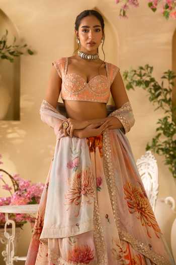 Lashkaraa Multi Color Silk, Crepe, Chinon Sweetheart Neck Botanic Floral Print Lehenga Set Online at Aza Fashions Lashkaraa_Multi Color Silk, Crepe, Chinon Sweetheart Neck Botanic Floral Print Lehenga Set _Online_at_Aza_Fashions