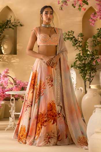 Buy Lashkaraa Multi Color Silk, Crepe, Chinon Sweetheart Neck Botanic Floral Print Lehenga Set Online at Aza Fashions Buy_Lashkaraa_Multi Color Silk, Crepe, Chinon Sweetheart Neck Botanic Floral Print Lehenga Set _Online_at_Aza_Fashions