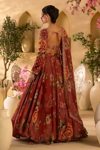 Lashkaraa Floral Print & Embroidered Blouse Lehenga Set 