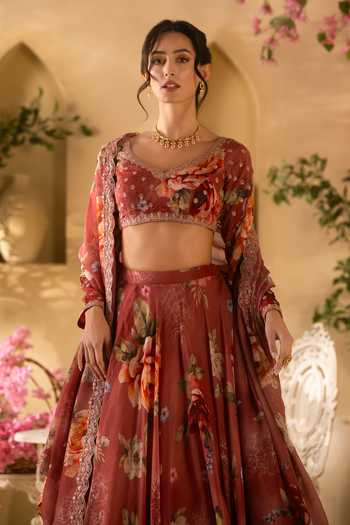 Lashkaraa Red Organza Sweetheart Neck Floral Print And Embroidered Blouse Lehenga Set Online at Aza Fashions Lashkaraa_Red Organza Sweetheart Neck Floral Print And Embroidered Blouse Lehenga Set _Online_at_Aza_Fashions