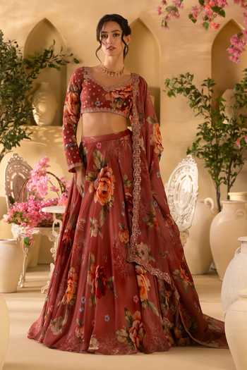 Lashkaraa Floral Print & Embroidered Blouse Lehenga Set 