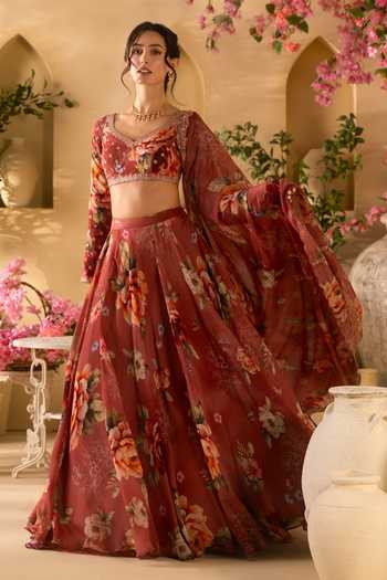 Buy Lashkaraa Red Organza Sweetheart Neck Floral Print And Embroidered Blouse Lehenga Set Online at Aza Fashions Buy_Lashkaraa_Red Organza Sweetheart Neck Floral Print And Embroidered Blouse Lehenga Set _Online_at_Aza_Fashions