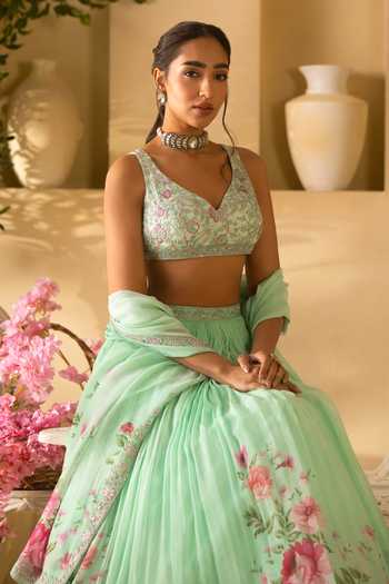 Lashkaraa_Mint Organza, Net V-neck Floral Print Pleated Lehenga Set _Online_at_Aza_Fashions