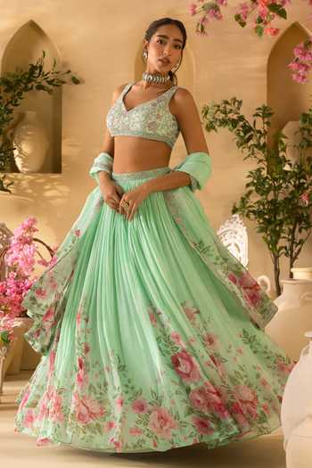 Buy_Lashkaraa_Mint Organza, Net V-neck Floral Print Pleated Lehenga Set _Online_at_Aza_Fashions