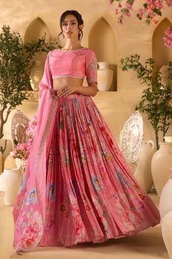 Buy_Lashkaraa_Pink Organza, Georgette, Satin Round Neck Floret Pattern Pleated Lehenga Set_Online_at_Aza_Fashions