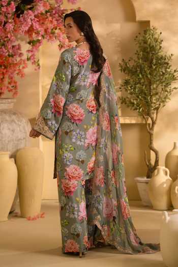 Shop Lashkaraa Mint Organza, Georgette, Satin Embroidery, Floral Print Kurta And Palazzo Set at Aza Fashions Shop_Lashkaraa_Mint Organza, Georgette, Satin Embroidery, Floral Print Kurta And Palazzo Set _at_Aza_Fashions
