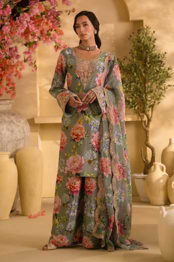 Lashkaraa Mint Organza, Georgette, Satin Embroidery, Floral Print Kurta And Palazzo Set Online at Aza Fashions Lashkaraa_Mint Organza, Georgette, Satin Embroidery, Floral Print Kurta And Palazzo Set _Online_at_Aza_Fashions