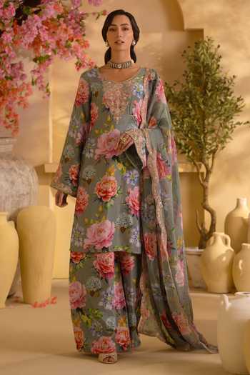 Buy Lashkaraa Mint Organza, Georgette, Satin Embroidery, Floral Print Kurta And Palazzo Set at Aza Fashions Buy_Lashkaraa_Mint Organza, Georgette, Satin Embroidery, Floral Print Kurta And Palazzo Set _at_Aza_Fashions