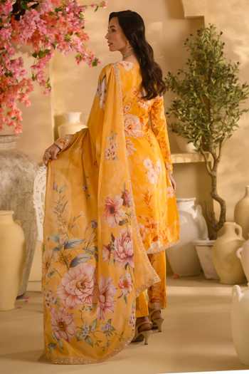 Shop Lashkaraa Yellow Silk, Crepe, Chinon Round Neck, Yes Floral Print And Embroidered Kurta Set at Aza Fashions Shop_Lashkaraa_Yellow Silk, Crepe, Chinon Round Neck, Yes Floral Print And Embroidered Kurta Set _at_Aza_Fashions