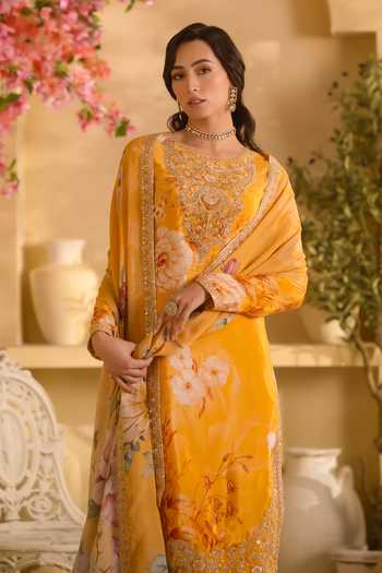 Buy Lashkaraa Yellow Silk, Crepe, Chinon Round Neck, Yes Floral Print And Embroidered Kurta Set Online at Aza Fashions Buy_Lashkaraa_Yellow Silk, Crepe, Chinon Round Neck, Yes Floral Print And Embroidered Kurta Set _Online_at_Aza_Fashions