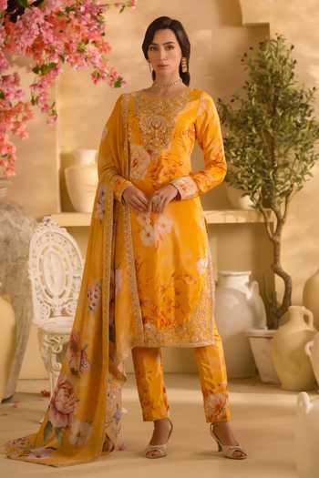 Buy Lashkaraa Yellow Silk, Crepe, Chinon Round Neck, Yes Floral Print And Embroidered Kurta Set at Aza Fashions Buy_Lashkaraa_Yellow Silk, Crepe, Chinon Round Neck, Yes Floral Print And Embroidered Kurta Set _at_Aza_Fashions