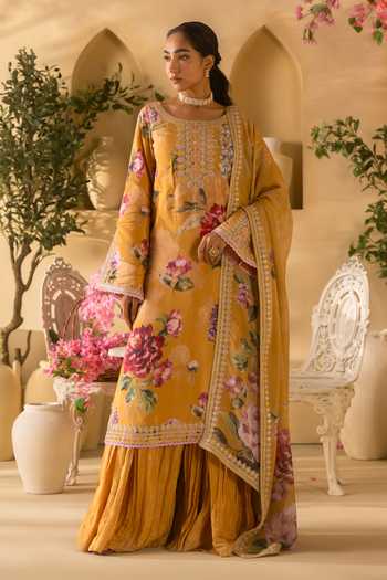 Lashkaraa Floral Print & Embroidered Kurta Sharara Set 