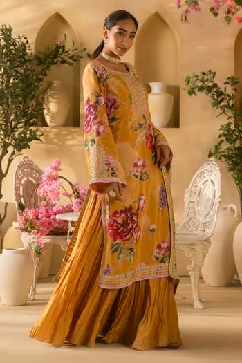 Lashkaraa_Yellow Organza, Georgette, Satin Floral Print And Embroidered Kurta Sharara Set _Online_at_Aza_Fashions