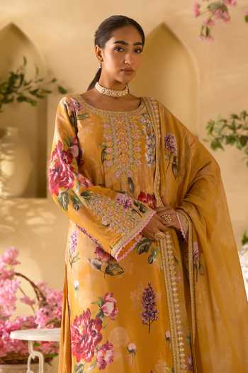 Buy_Lashkaraa_Yellow Organza, Georgette, Satin Floral Print And Embroidered Kurta Sharara Set _Online_at_Aza_Fashions
