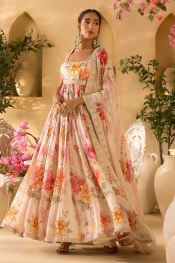 Lashkaraa Off White Organza Square Neck Floral Print Anarkali Set Online at Aza Fashions Lashkaraa_Off White Organza Square Neck Floral Print Anarkali Set _Online_at_Aza_Fashions