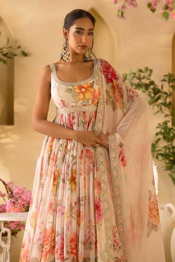 Buy Lashkaraa Off White Organza Square Neck Floral Print Anarkali Set Online at Aza Fashions Buy_Lashkaraa_Off White Organza Square Neck Floral Print Anarkali Set _Online_at_Aza_Fashions