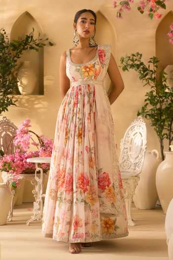 Shop Lashkaraa Off White Organza Square Neck Floral Print Anarkali Set Online at Aza Fashions Shop_Lashkaraa_Off White Organza Square Neck Floral Print Anarkali Set _Online_at_Aza_Fashions